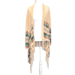 Questions Womens Open Knit Cardigan Duster Size M Peach Fringe Coastal Boho